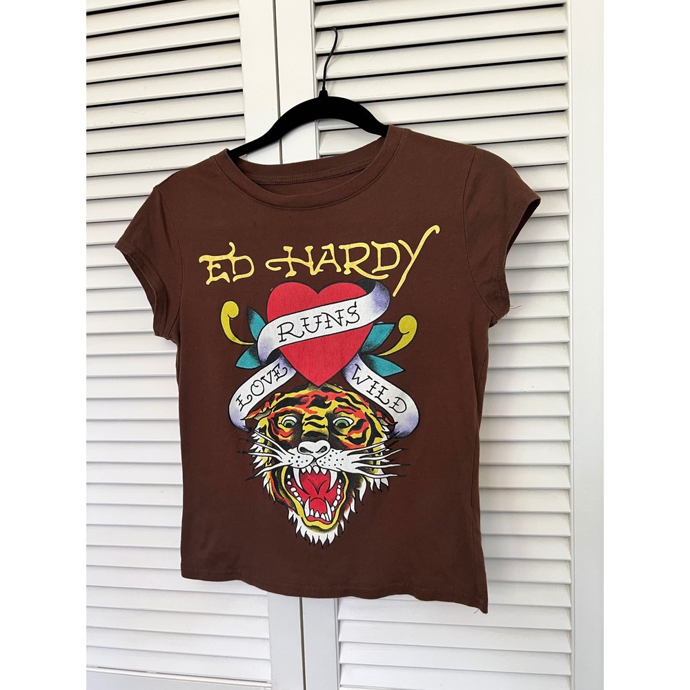Ed Hardy Love Runs Wild Tiger Heart Brown Babydoll Tee Y2K Tattoo